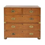 A teak and brass bound secretaire campaign chest,