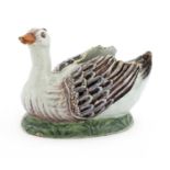 A Dutch delft tin-glazed model of a duck,