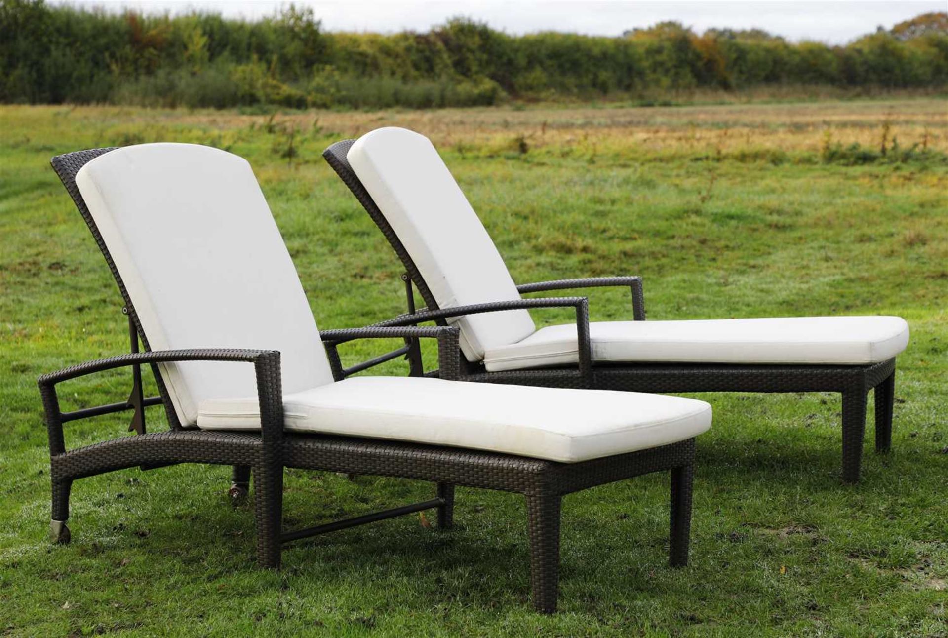 A pair of Dedon woven sun loungers and cushions,