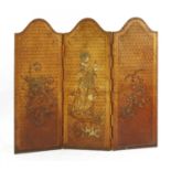 A Continental embossed three-fold leather screen,