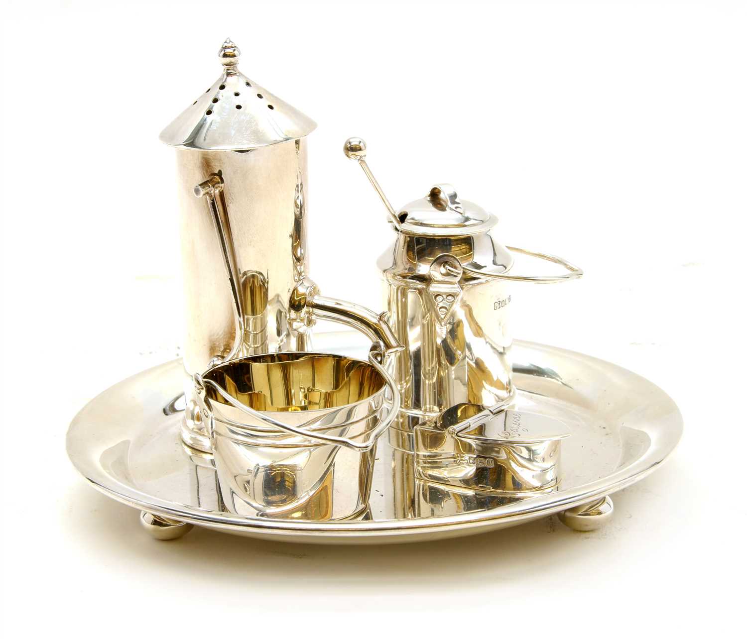 A novelty silver cruet set,