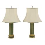 A pair of painted wooden columnar table lamps and shades,