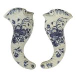 A large pair of Worcester blue and white cornucopia wall pockets,