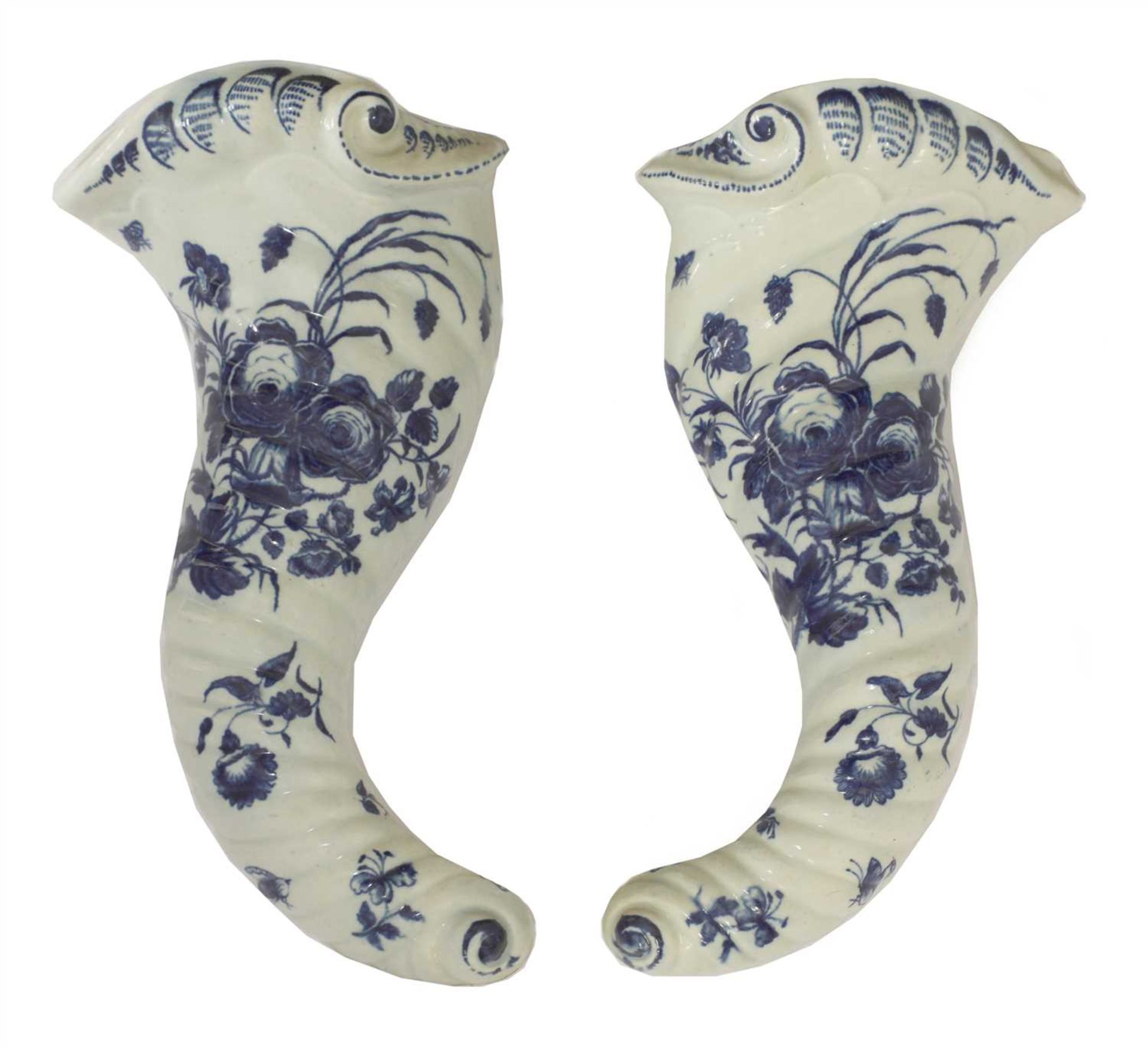 A large pair of Worcester blue and white cornucopia wall pockets,