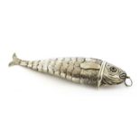 A white metal besamim holder in the form of an articulated fish,