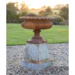A large Regency-style cast iron urn on stand,