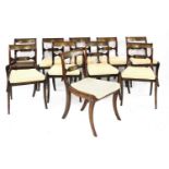 A set of ten Regency brass inlaid rosewood dining chairs,