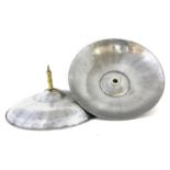 A pair of chrome and brass industrial ceiling lamp shades,