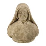 A carved marble bust of a nun,
