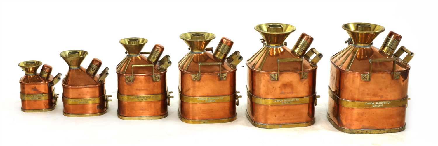 A complete set of six graduated copper and brass banded petrol 'standard' measures, - Image 2 of 2