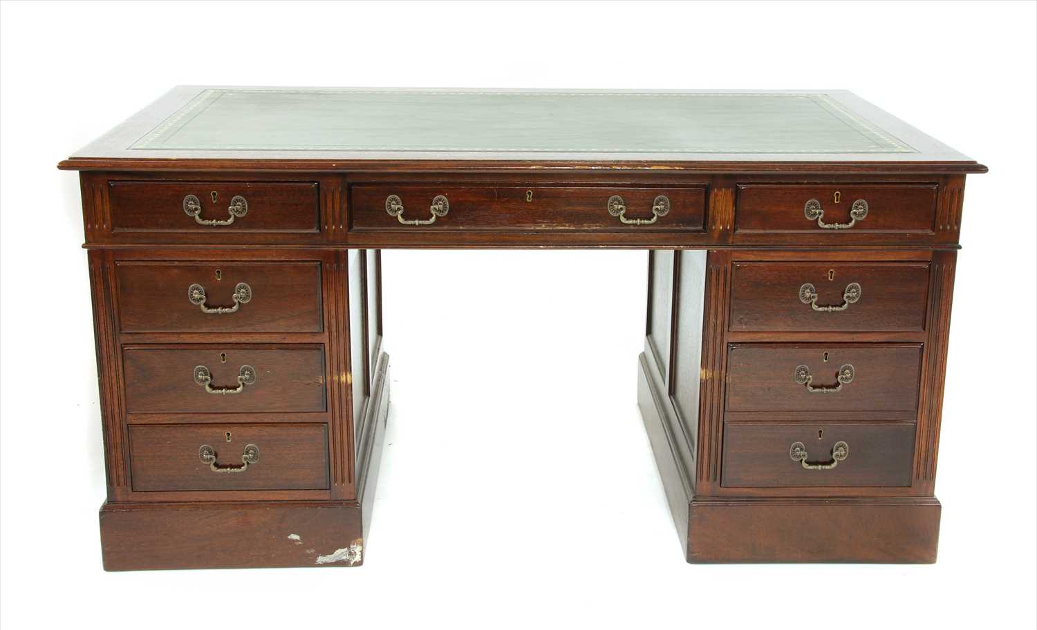 A reproduction mahogany twin pedestal desk,