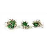 A white gold jade spray ring and earrings suite, c.1970,