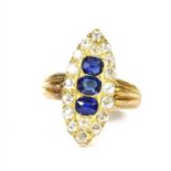 A late Victorian sapphire and diamond marquise shaped cluster ring,