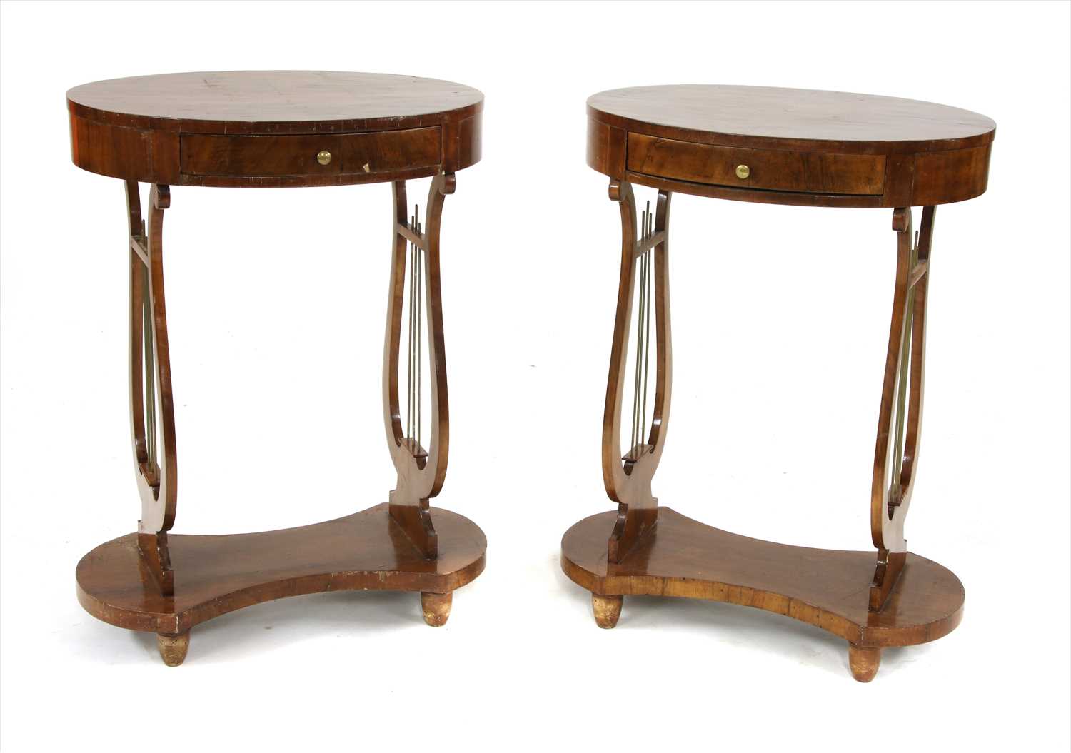 A pair of Italian walnut oval side tables,