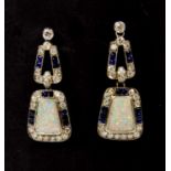 A pair of white gold opal, diamond and sapphire drop earrings,