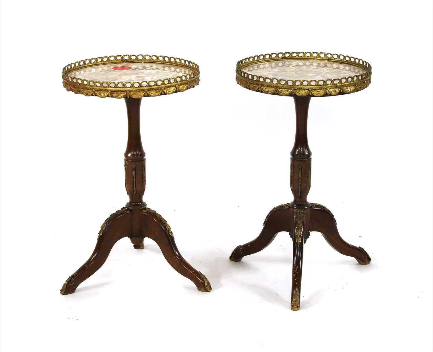 A pair of marble topped occasional tables,
