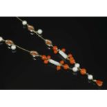 An Italian rose gold coral, diamond, cultured freshwater pearl and mother-of-pearl 'Y' necklace,