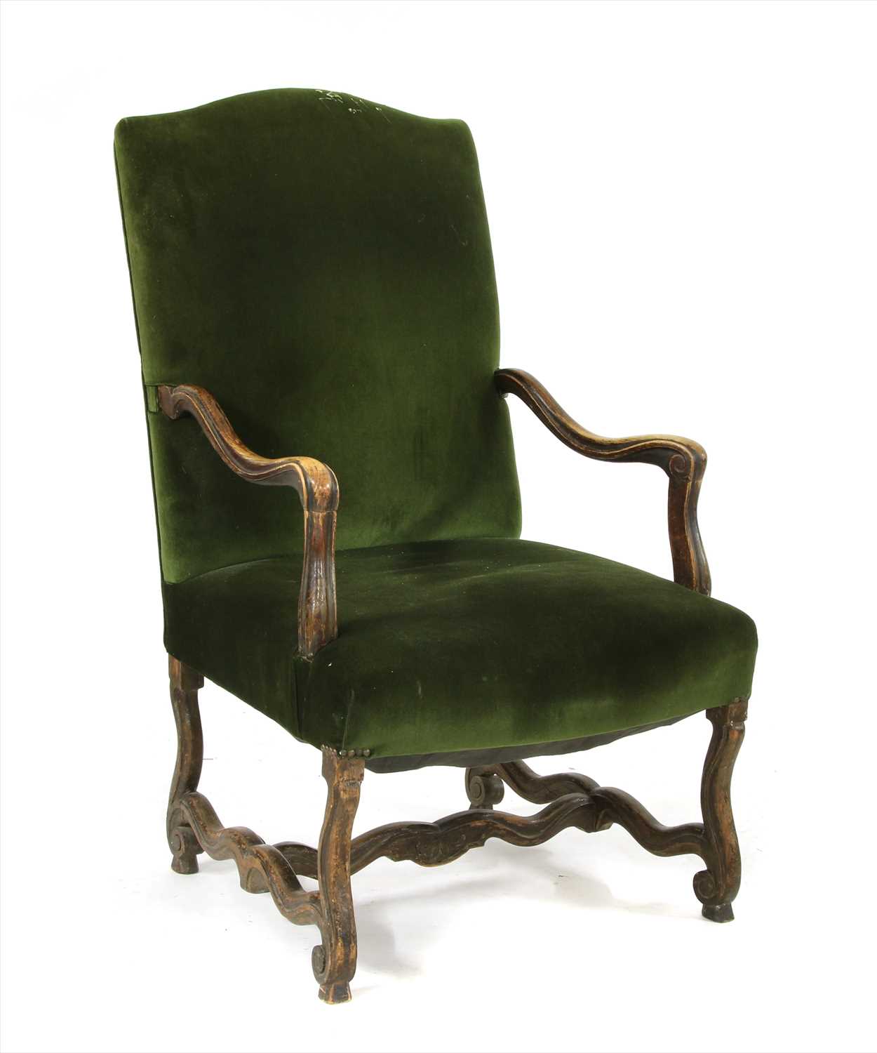 A French walnut open armchair,