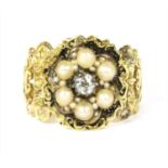 A Georgian 18ct gold diamond and split pearl memorial ring,