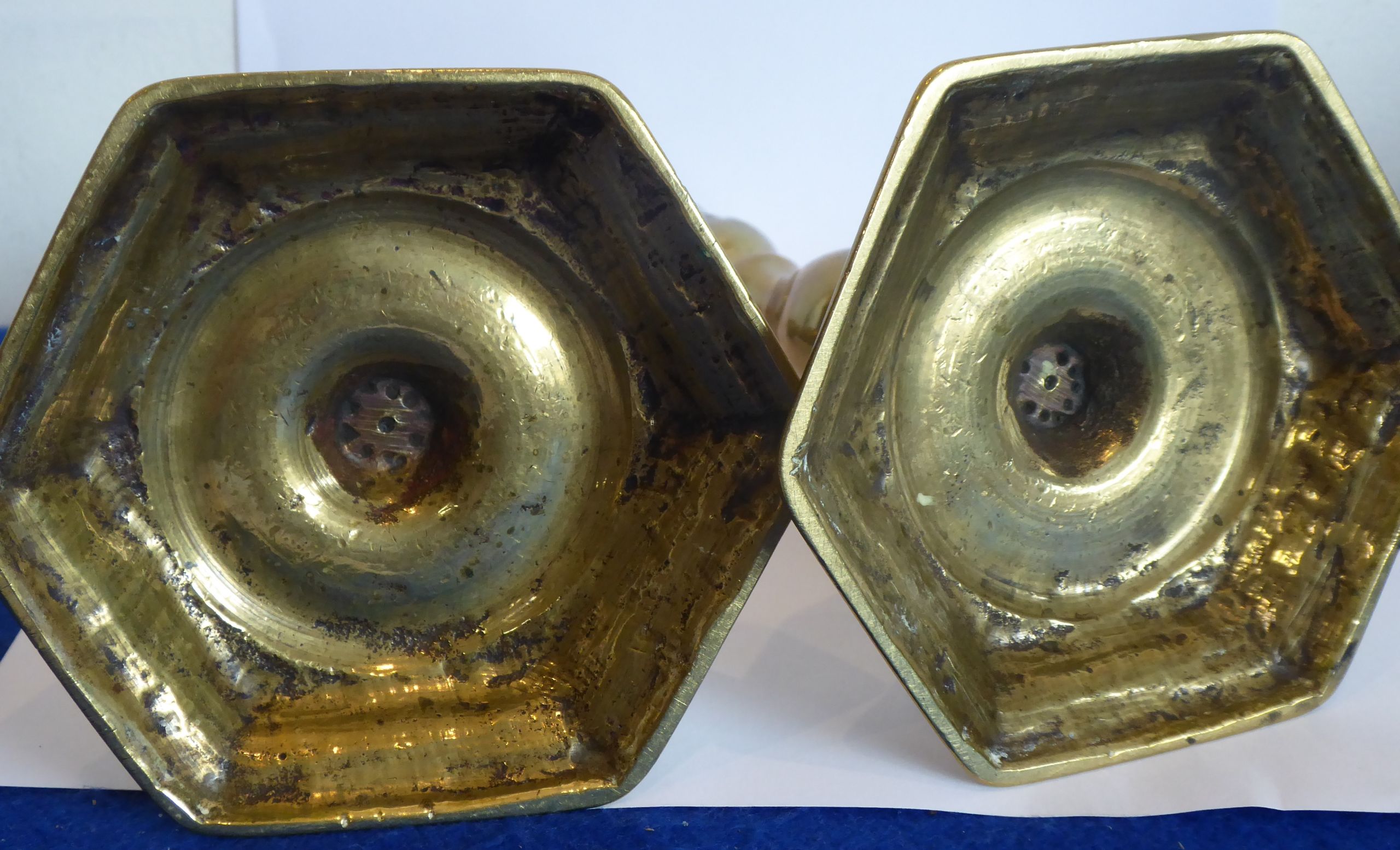 A pair of early 18th century brass candlesticks, each on hexagonal base, 16. - Image 4 of 8