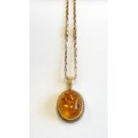 A large 9-carat gold-mounted amber pendant and chain