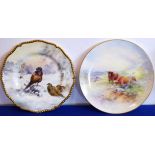 A Claremont Fine China cabinet plate decorated with Highland cattle signed 'R.