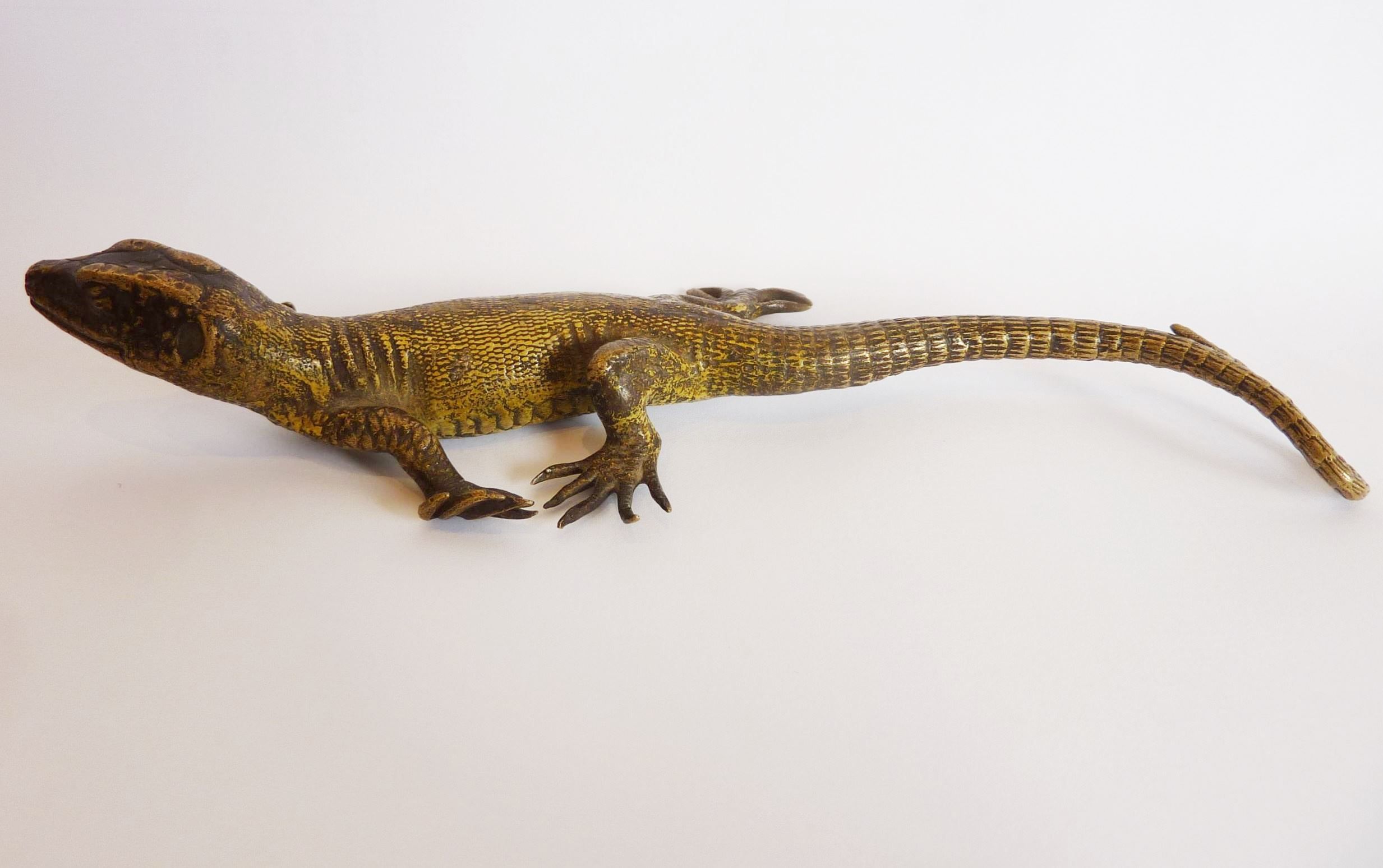 An early 20th century cold-painted bronze model of a lizard with yellow scaly skin; - Image 3 of 5