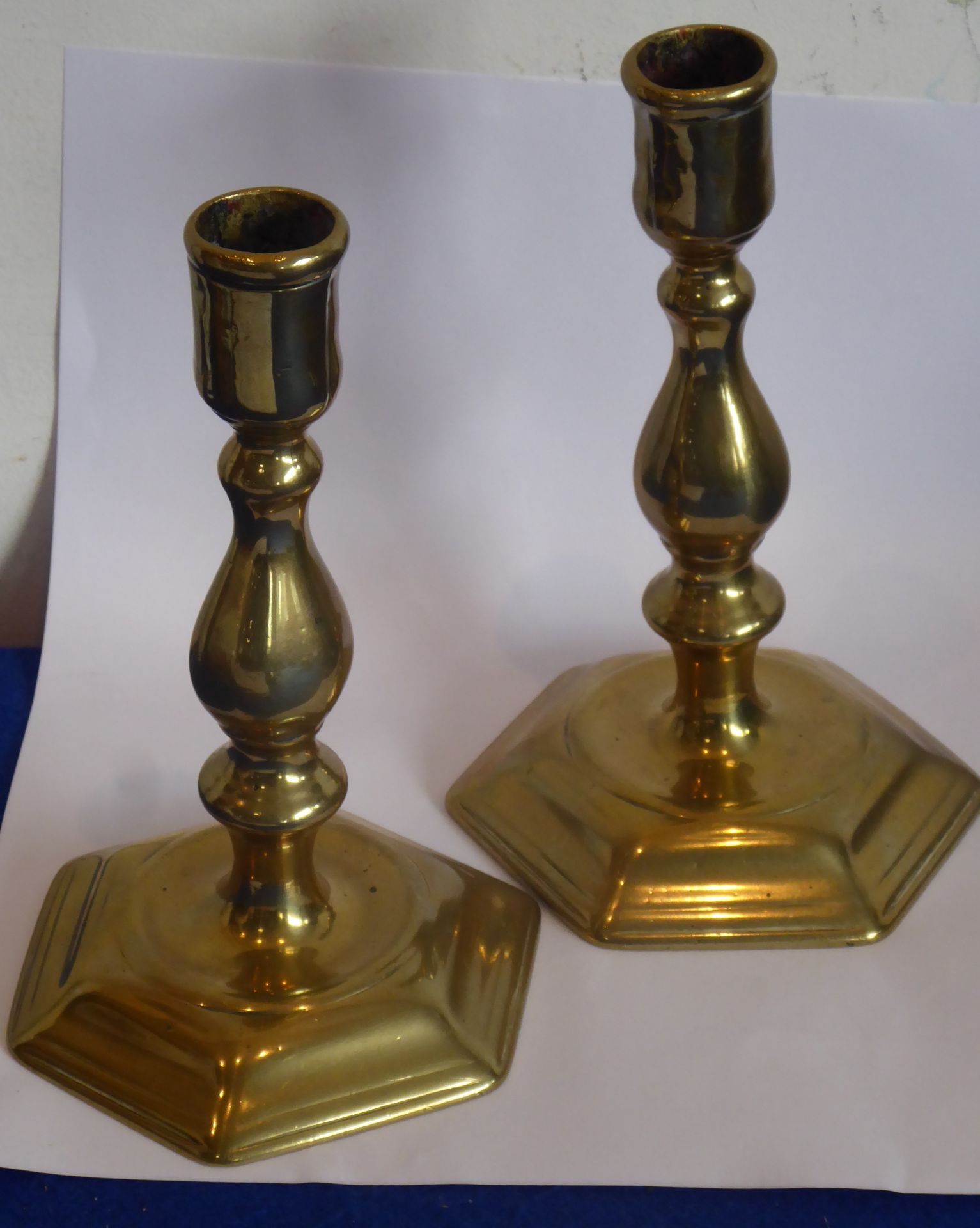 A pair of early 18th century brass candlesticks, each on hexagonal base, 16. - Image 2 of 8