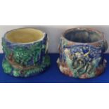 Two 19th century majolica circular pots in the style of Bernard Palissy;