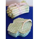A Herend porcelain trinket box and cover modelled as a bunch of asparagus tied with a bow,