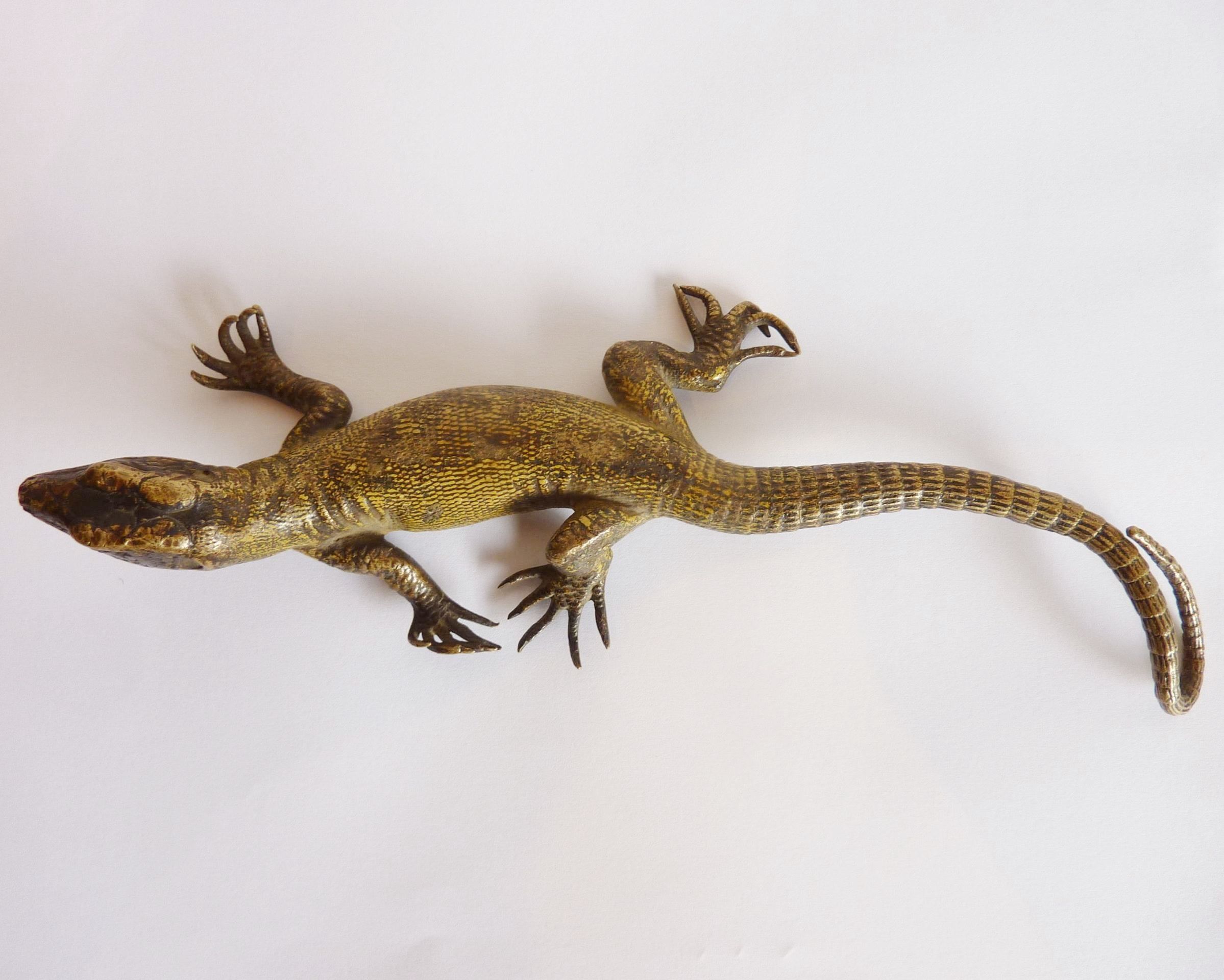 An early 20th century cold-painted bronze model of a lizard with yellow scaly skin; - Image 4 of 5