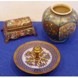 A mixed Oriental group to include a cloisonné ink stand with two interior ceramic inkwells ,