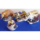 Four Royal Crown Derby paperweights: an armadillo, elephant,