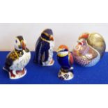 Four Royal Crown Derby paperweights: a puffin, a rockhopper penguin,
