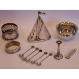 ADDED LOT A mixed silver and silver plated group to include silver napkin ring,