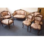 A fine 19th century eight-piece (upholstered in Four Seasons pattern in toile) walnut and