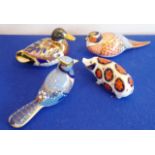 Four Royal Crown Derby paperweights: a pheasant, a mallard,