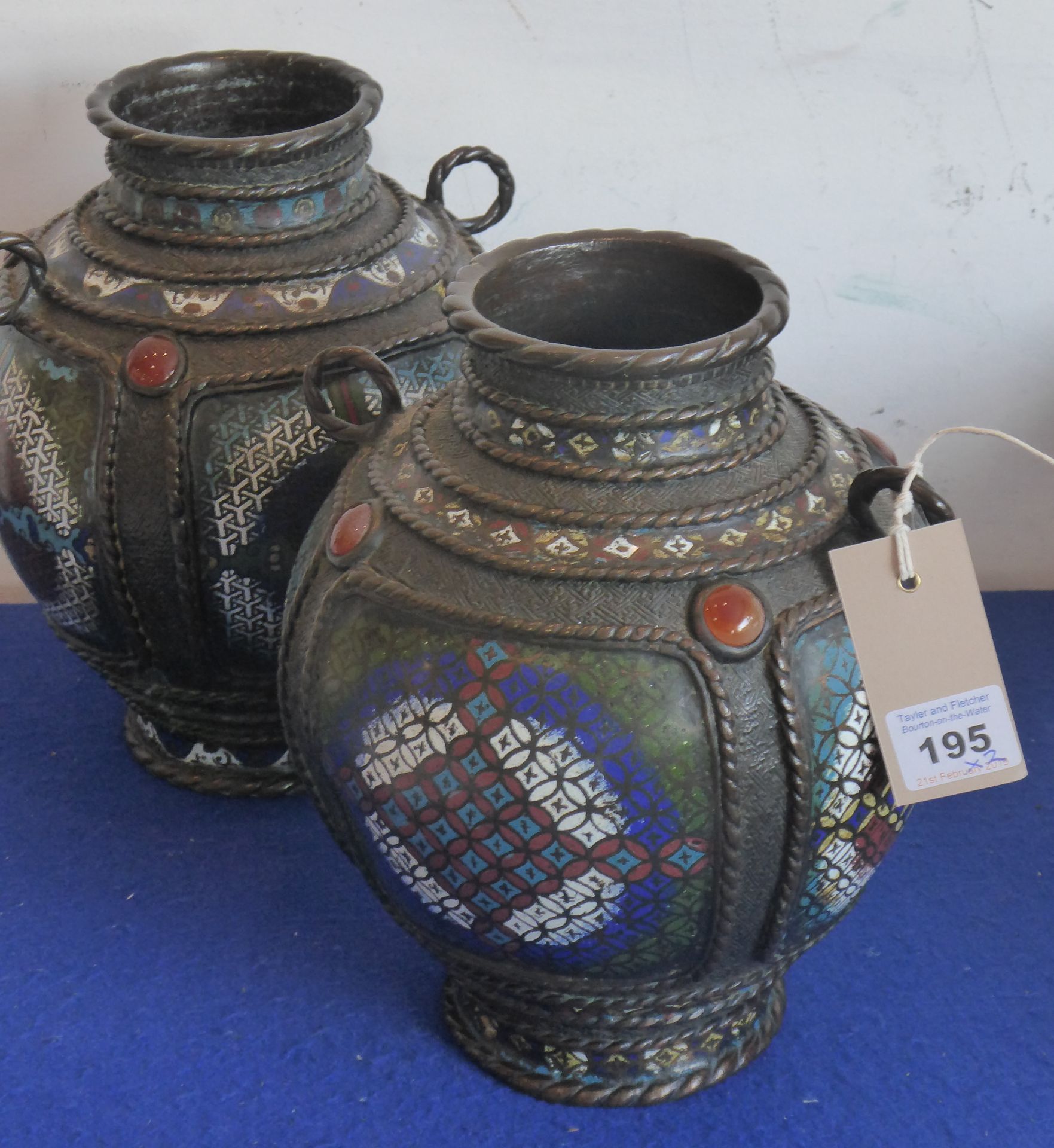 A pair of heavy Oriental bronze and enamel ovoid vases; each with two ring-handles, - Image 2 of 4