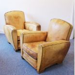 A good pair of Art Deco style tan-leather-upholstered club chairs (modern)