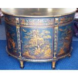 An early/mid 20th century demi-lune side cabinet profusely hand-gilded and lacquered with