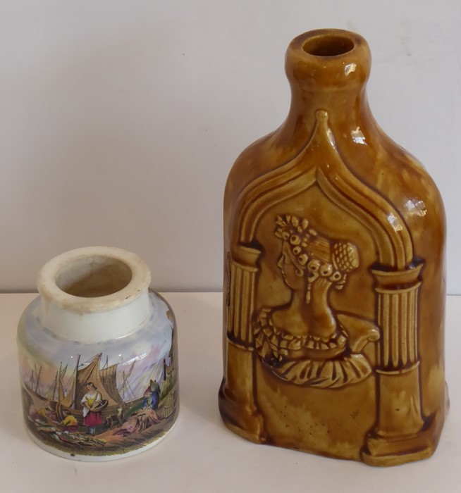 A tortoiseshell glaze stoneware flask decorated in relief with shoulder-length female portrait