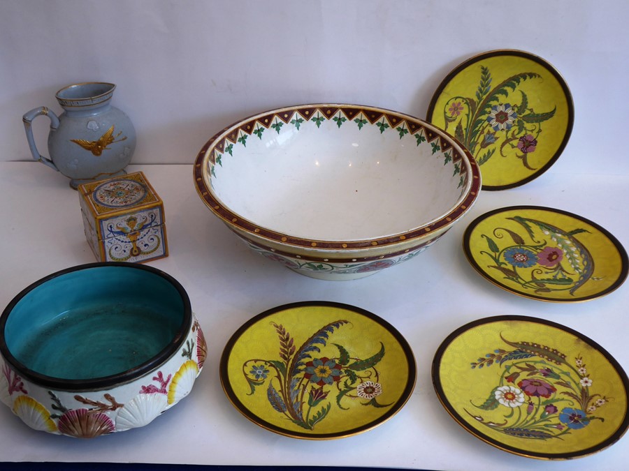 A selection of mostly damaged 19th century pottery to include a large Aesthetic movement wash