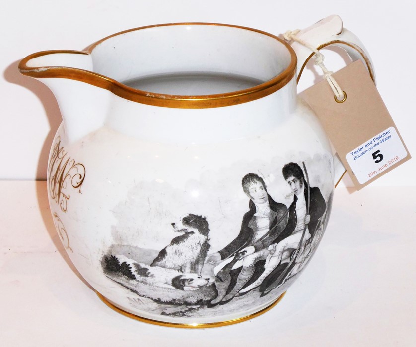 An early-19th century George III period pottery jug, monochrome transfer decorated with a scene of