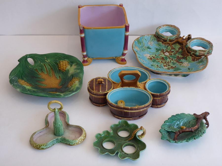 A selection of mostly damaged 19th century Majolica stands etc., to include a square Aesthetic style - Image 2 of 2