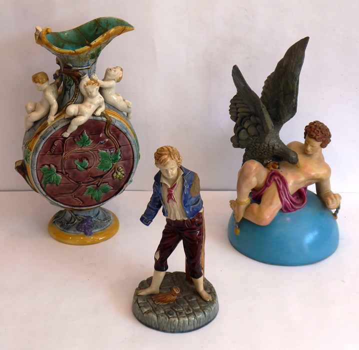 Various 19th century pottery for restoration to include a Minton Majolica ewer adorned with cherubs,