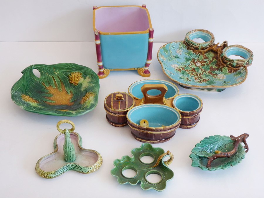 A selection of mostly damaged 19th century Majolica stands etc., to include a square Aesthetic style