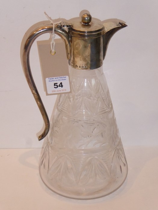 A silver-mounted conical-shaped glass claret jug engraved with flower heads and leaf designs,