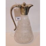 A silver-mounted conical-shaped glass claret jug engraved with flower heads and leaf designs,