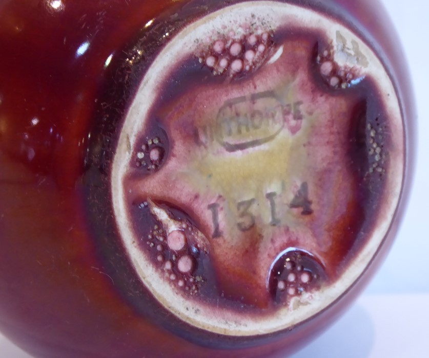 A 19th century Linthorpe pottery vase; of spherical form and with red and mustard trailing glazes, - Image 2 of 2