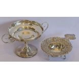 A hallmarked silver (weighted) circular Bon Bon dish with two pierced handles and raised on